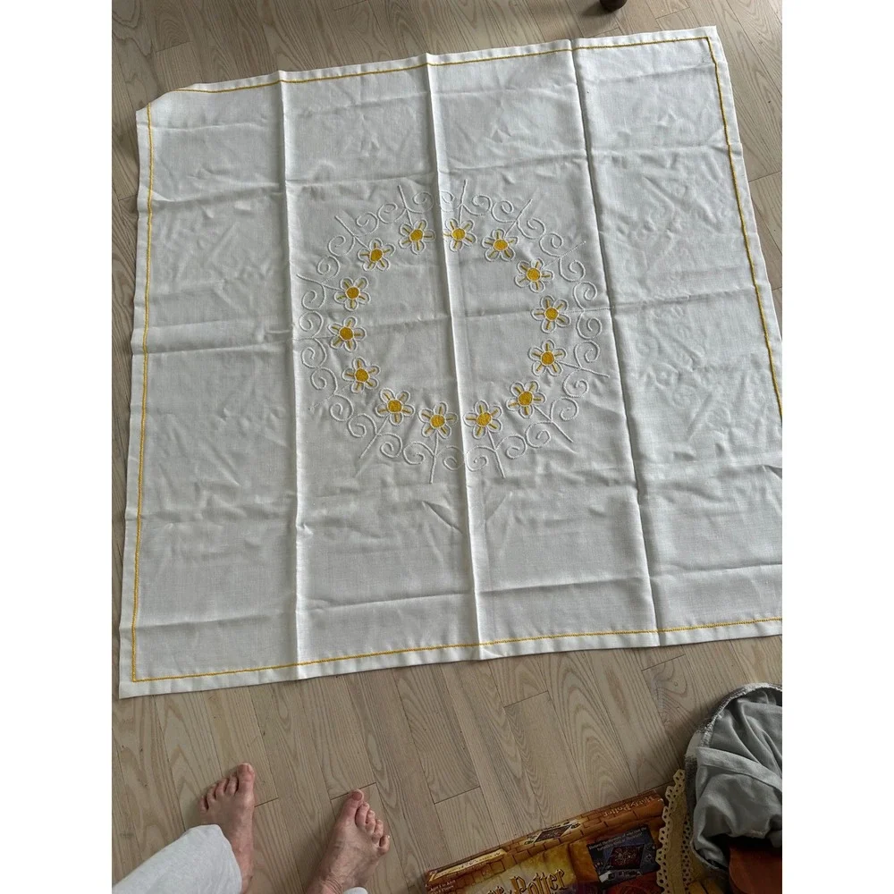 Vintage White Linen Tablecloth Yellow Daisy Hand Embroidered Floral Border